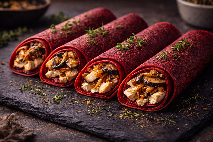 Свекольные блинчики с цыпленком и грибами