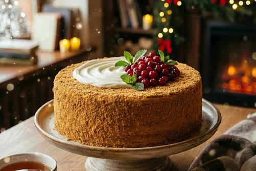 Торт Медовик со сметанным кремом клюквенным конфитюром