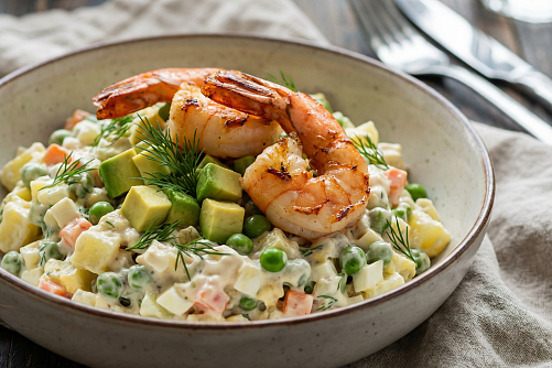 Оливье с тигровыми  креветками и спелым авокадо